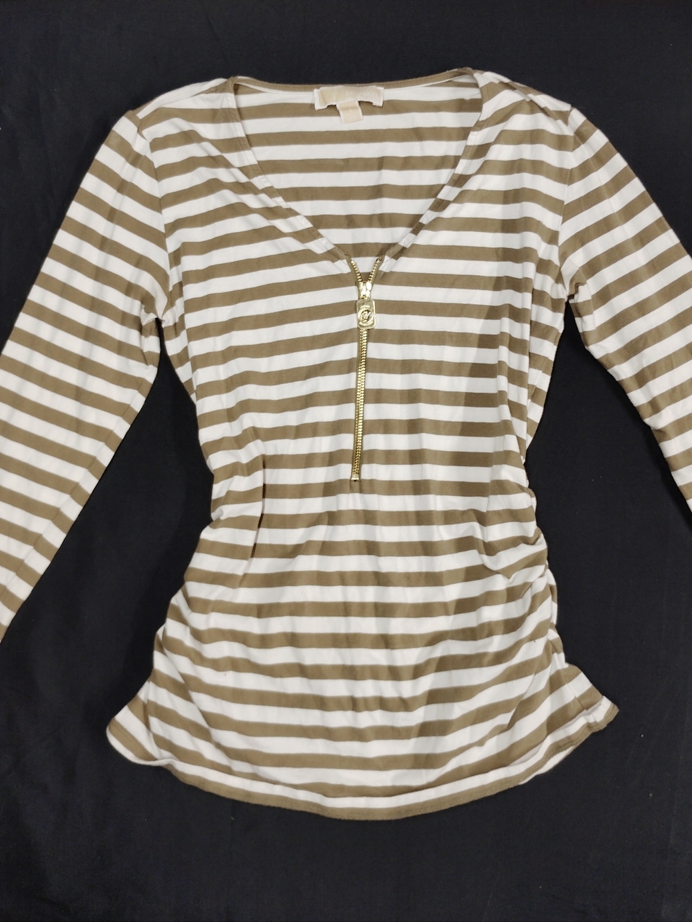Michael Kors Striped V-Neck Zip Front Women’s Top - Khaki & White